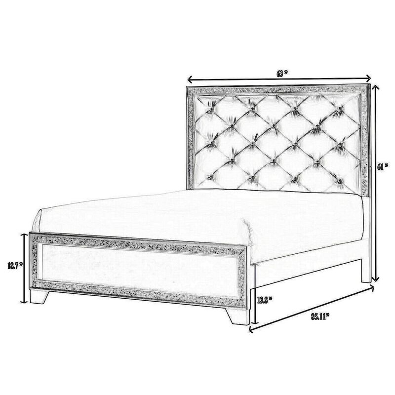 Benjara Kay King Bed, Faux Diamond Tufted, Gray Upholstery, Silver Trim, Wood