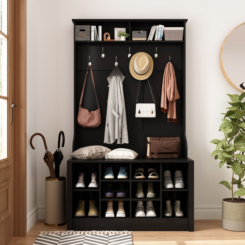 68.5 in. Black Wood 3-in-1 Hall Tree Coat Rack Storage Bench with 7-Metal Double Hooks and Shelves