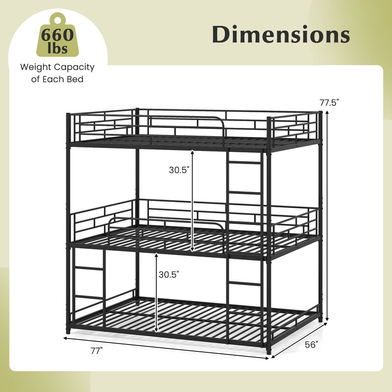 Black Metal Triple Bunk Bed with Guardrails and Dual Ladders for Kids image number 2