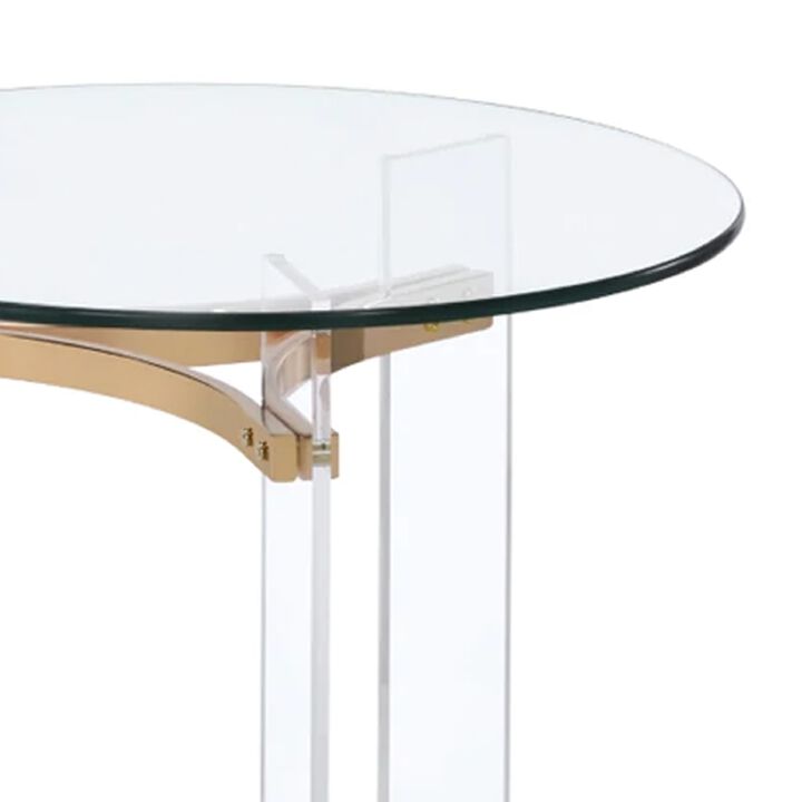 Hale 23 Inch Round End Table, Glass Top, Acrylic Legs, Clear, Gold