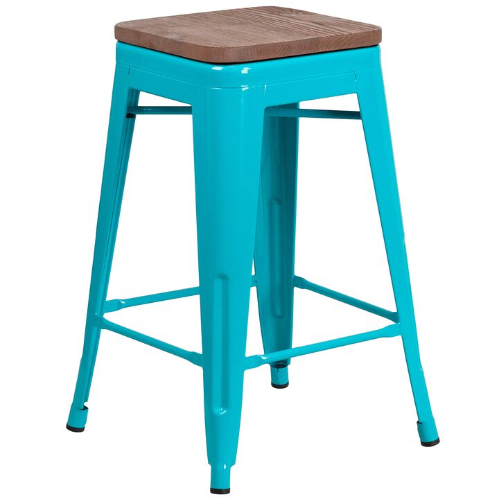 Flash Furniture Sinclair 24" High Backless Crystal Teal-Blue Counter Height Stool with Square Wood Seat