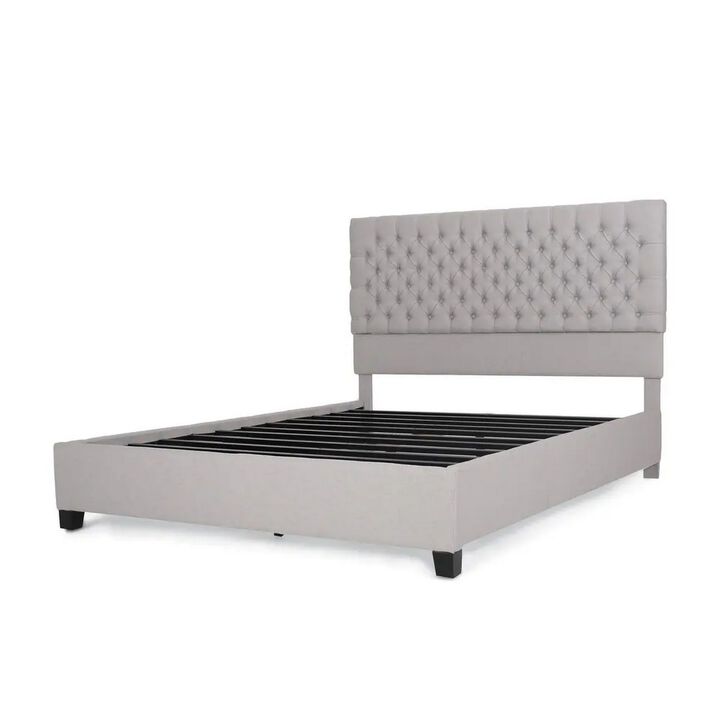 Amare Platform Queen Size Bed, Button Tufted Light Gray Polyester - Benzara