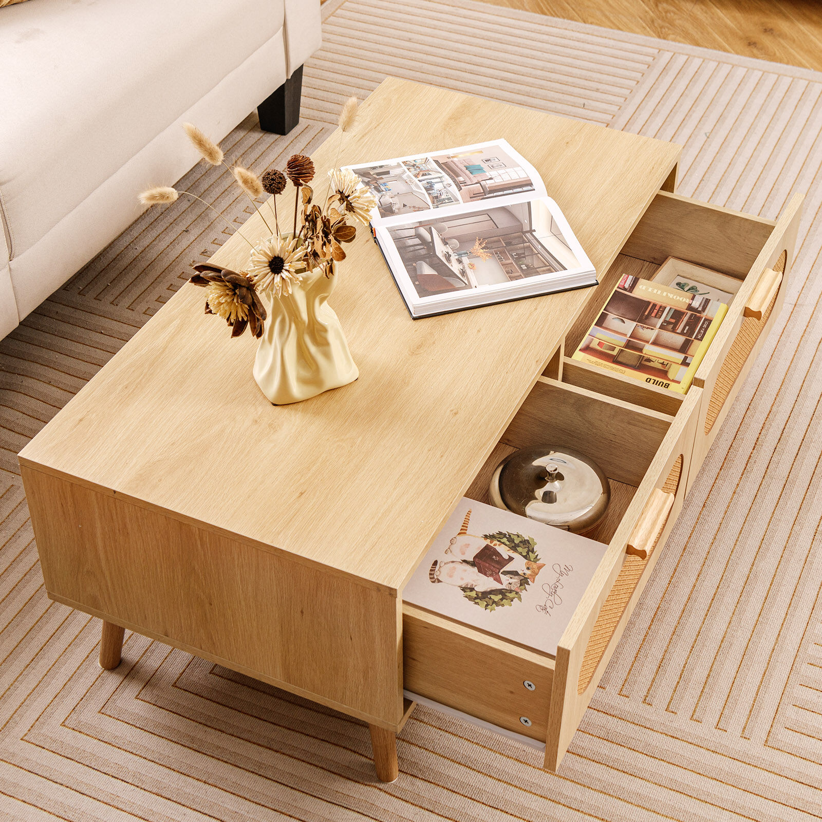 センターテーブル・ローテーブル Old Rattan Coffee Table Retro Rattan Coffee Table with 2 Pull-Out Drawers – Mid Century