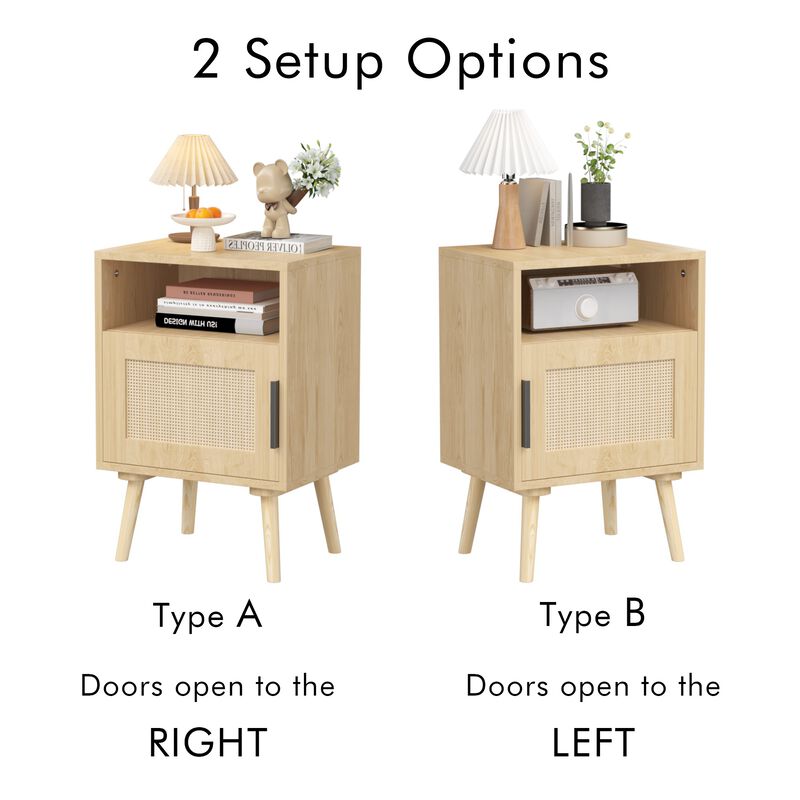 22.83" Assembled Rattan Nightstand with Door Open Shelf Solid Wood Legs image number 7