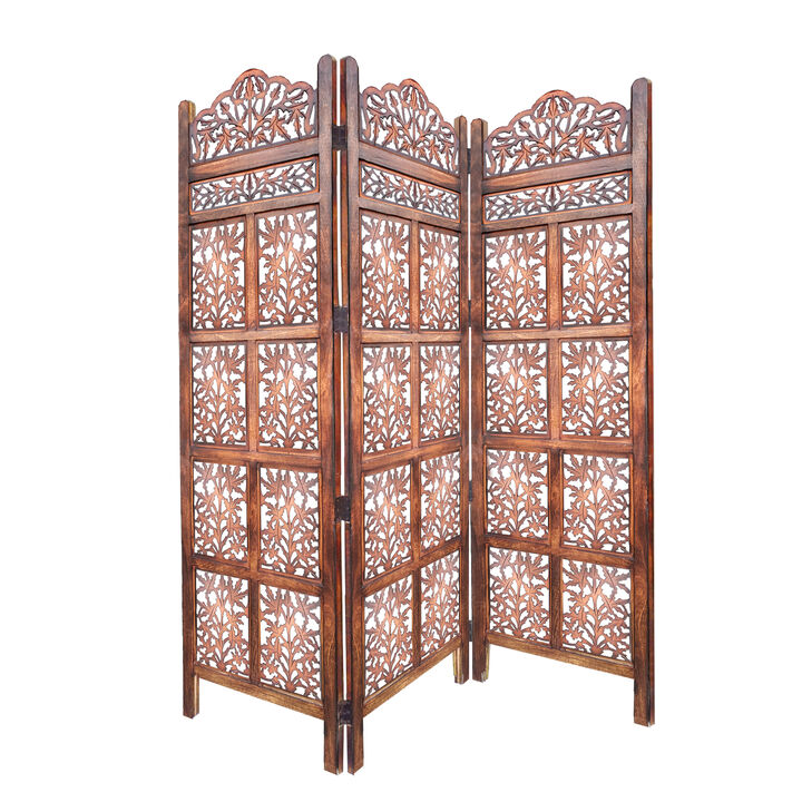 3 Panel Mango Wood Screen with Intricate Cutout Carvings, Brown-Benzara