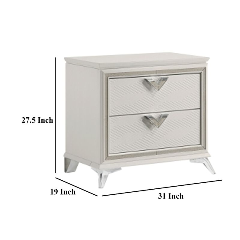 Dery Nightstand, 2 Drawers Chrome Triangle Handles, Gold White Wood - Benzara