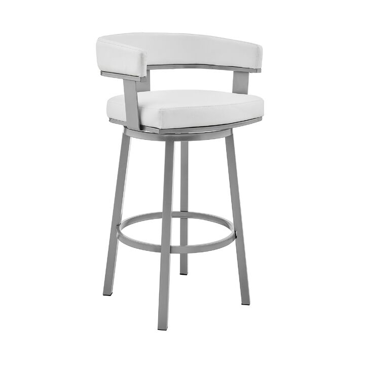 Swivel Barstool with Curved Open Back and Metal Legs, Silver and White-Benzara
