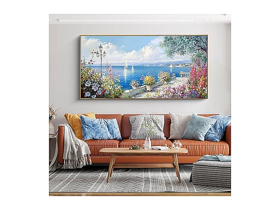Large Coastal Wall Art Ocean Seascape Canvas Yellow Green Flowers Landscape Room