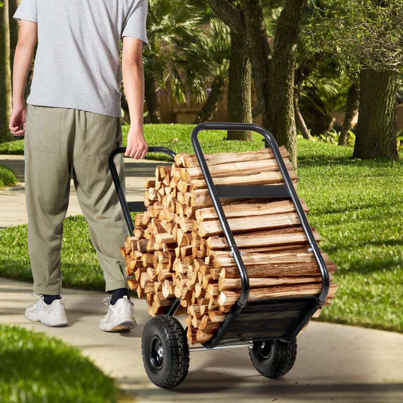 Heavy Duty Firewood Carrier Cart with Waterproof Cover and PU Wheels, Steel Log Hauler for Fireplace-Black image number 1