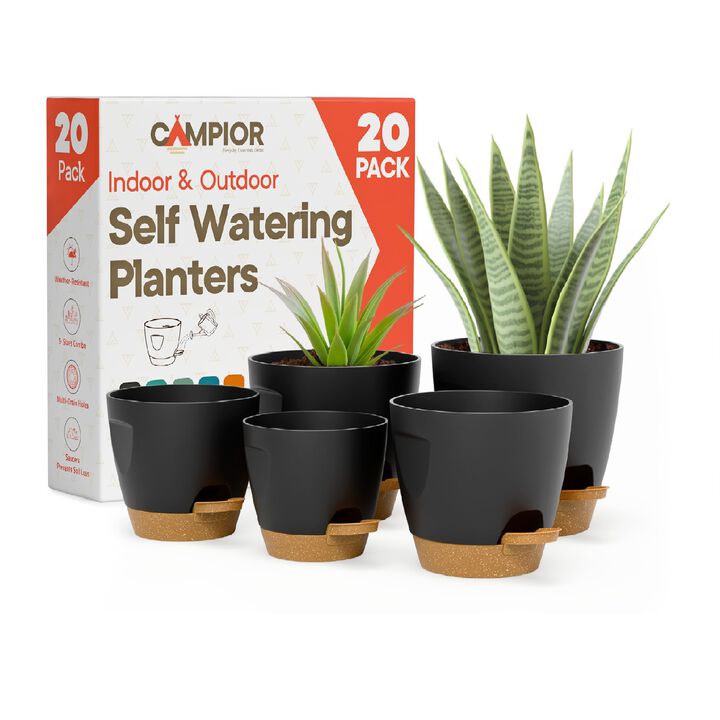 20-pack black self-watering plant pots with wick rope, drainage holes, and easy watering lip. Lightweight plastic design ideal for succulents, herbs, and houseplants indoors or outdoors.