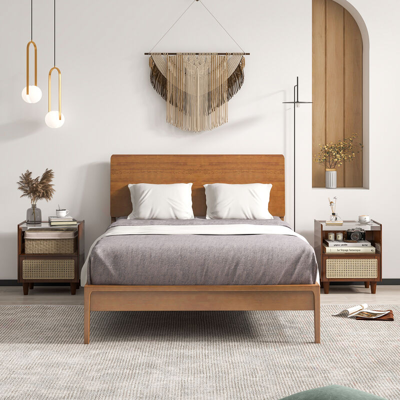 Set of 2 Bamboo Rattan Nightstand with Drawer and Solid Wood Legs