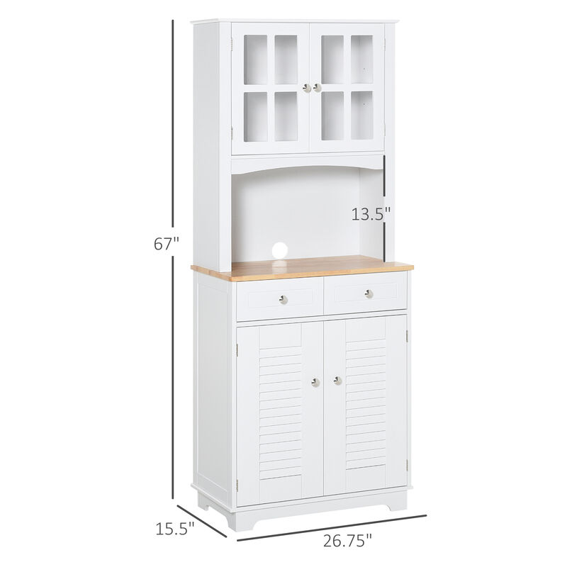 HOMCOM 67" Modern Buffet with Hutch, Louvered Kitchen Pantry Microwave Cabinet with Framed Glass Doors and 2 Drawers, White