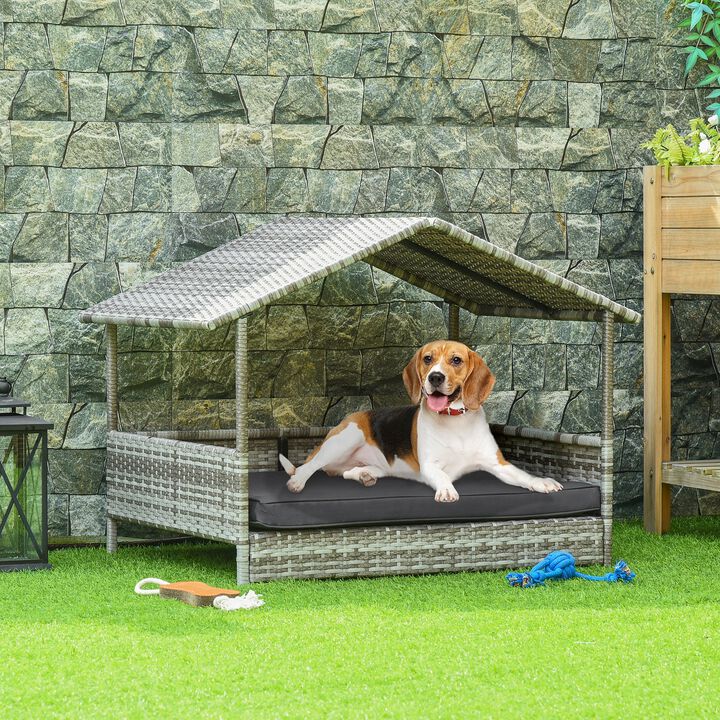 Wicker Dog House Elevated Raised Rattan Bed for Indoor/Outdoor with Removable Cushion Lounge, Charcoal Grey