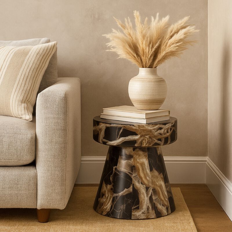 Cid Ria End Table Set of 2, Brown-White Faux Marble, Pedestal Base image number 5