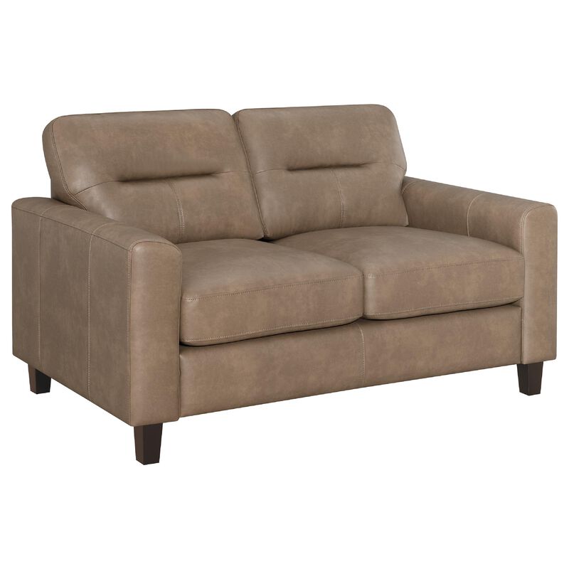 Secy Loveseat, Brown Faux Leather, Track Arms, 58 Inch Pine Wood Frame image number 2