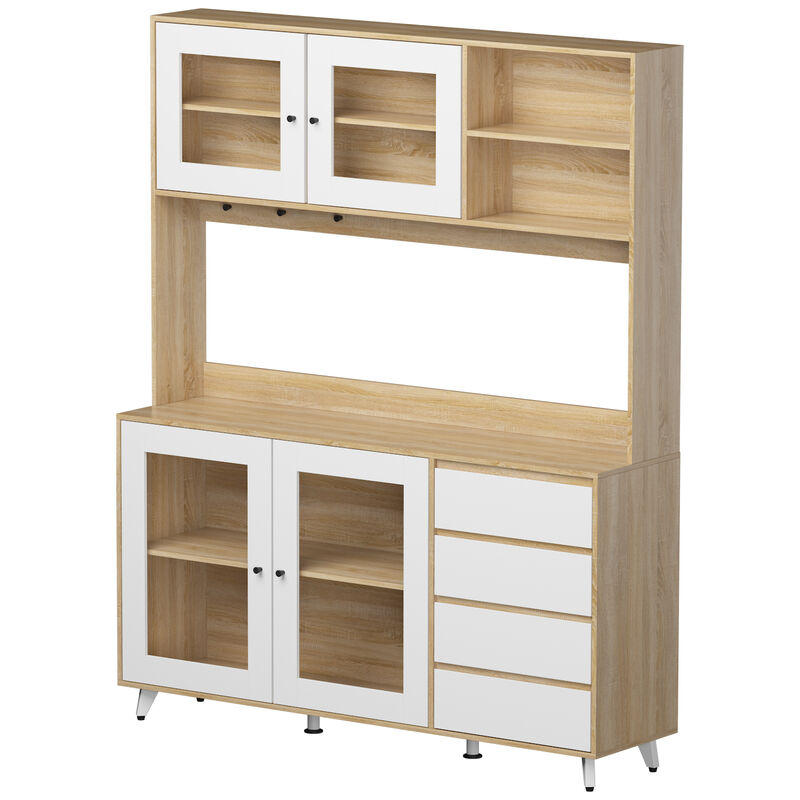 Glass Doors Light Brown Large Pantry Kitchen Cabinet With Hutch, 4-Drawers, Hooks 74.8 in. H x 63 in. W x 15.7 in. D