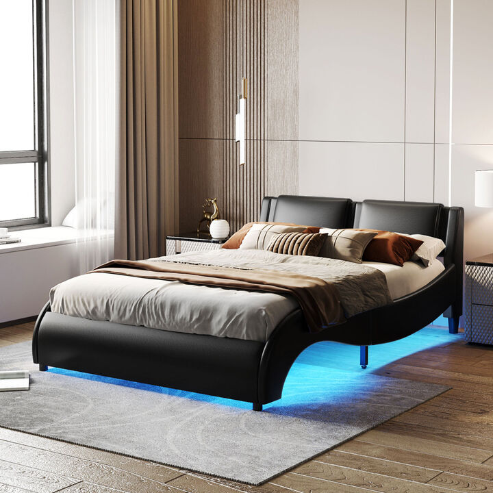 Queen Size Upholstered Faux Leather Platform Bed with LED Light Bed Frame with Slatted