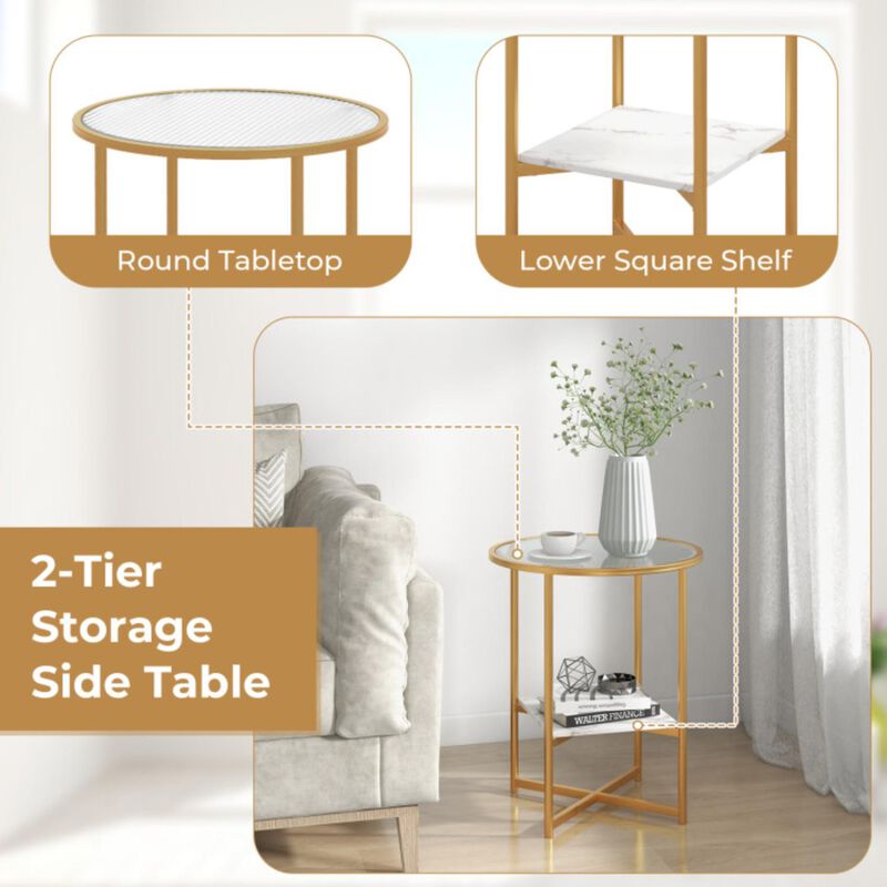 Hivvago 2-Tier Glass End Table Set of 2 with Faux Marble Storage Shelf