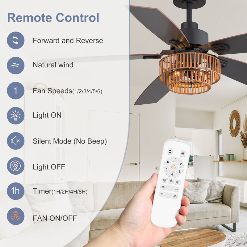 Breezary 52" Ceiling Fan with Lights,Wood Blades, Remote Control, 6 Speeds image number 3