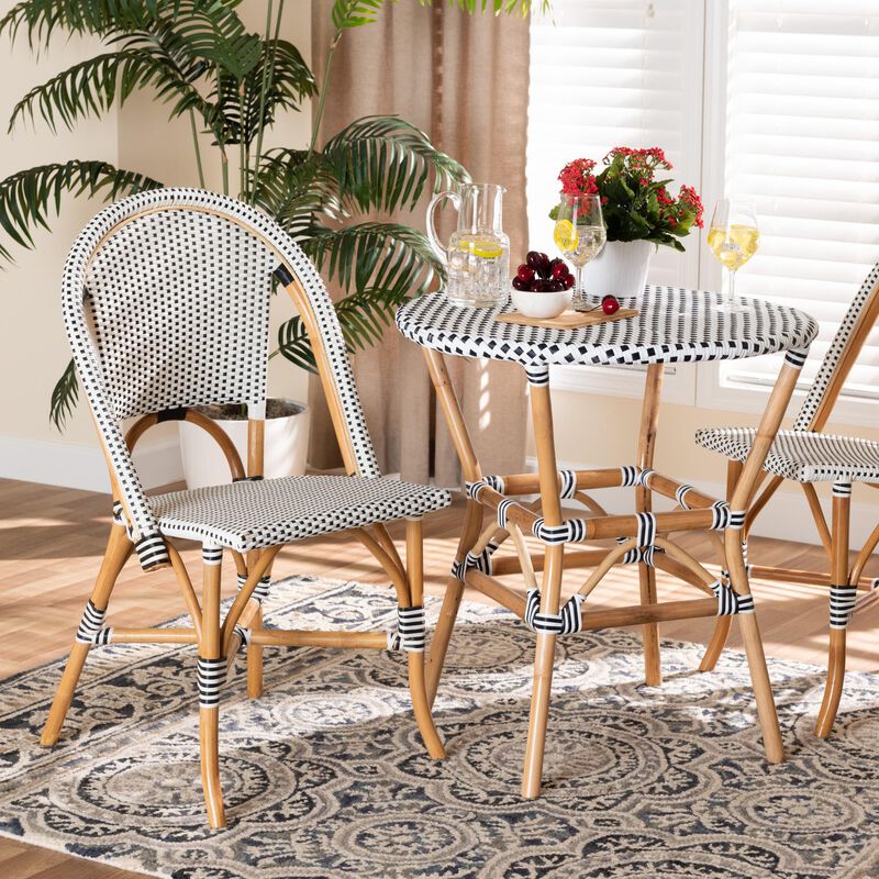 Baxton Studio Genica Classic French Black and White Weaving and Natural Brown Rattan Indoor and Outdoor Bistro Chair