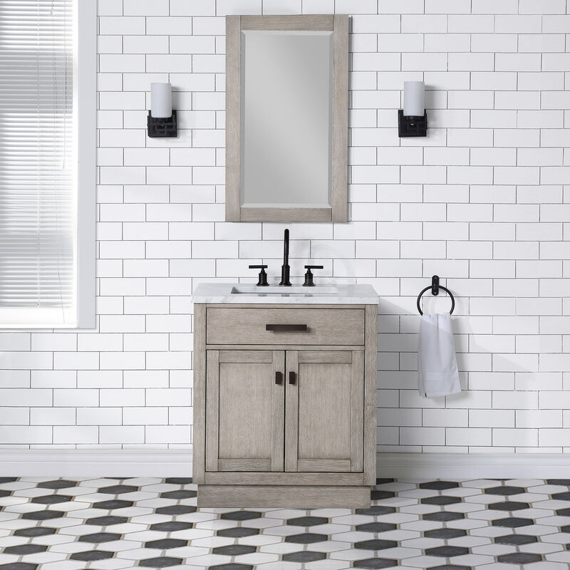 Chestnut 30 In. Single Sink Carrara White Marble Countertop Bath Vanity In Grey Oak with Oil Rubbed Bronze Hardware
