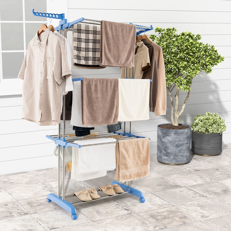 4-tier Folding Clothes Drying Rack with Rotatable Side Wings-Blue and Silver