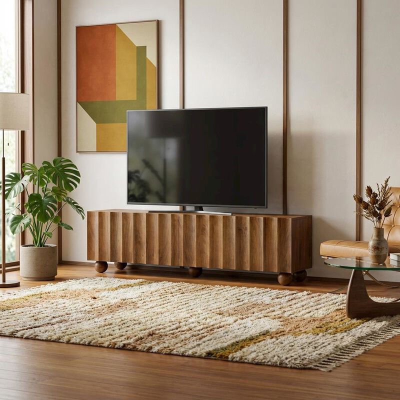 Scalloped Wood TV Stand in Neutral Finish with Spacious Storage image number 3