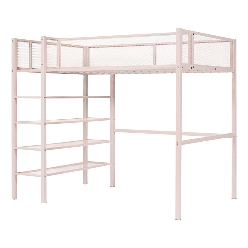 Twin Size Metal Loft Bed with 4Tier Shelves and Storage, Pink
