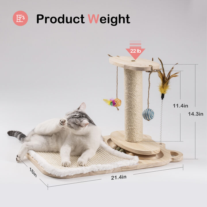 Cat Toy 1-Layer Turntable Cat Ball Toy with Feather Stick, Interactive Cat Toy with 5 Interactive Balls, Cat Scratching Post with Mat