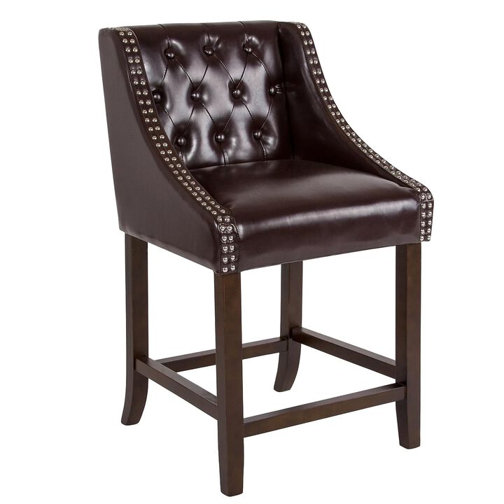 Flash Furniture Carmel Series 24" High Transitional Tufted Walnut Counter Height Stool with Accent Nail Trim in Brown LeatherSoft