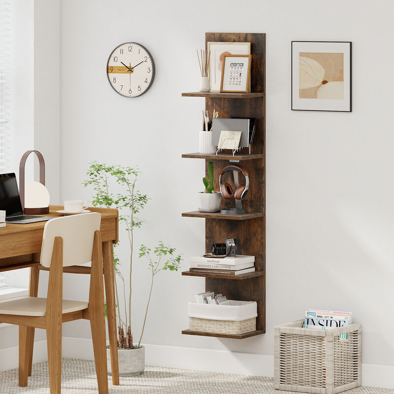 Wall Mounted 5 Tier Shelf Unit with Wood Grain for Display and Storage-Brown image number 1