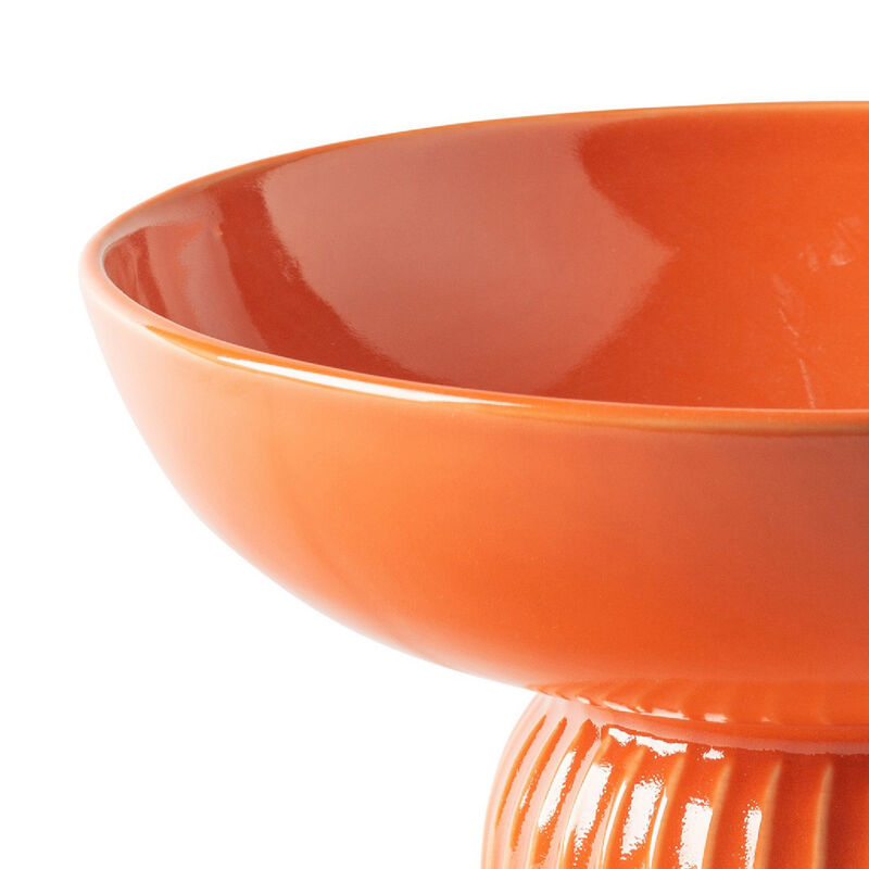 Ribbed Pedestal Fruit Bowl, Wide Basin, Glazed Orange Ceramic 11 Inch image number 4