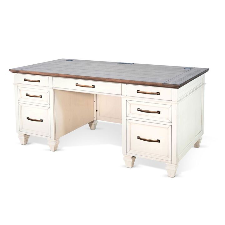 Wiz Office Desk, 66 Inch Brown Wood Top, 7 Drawers, White Mahogany Wood