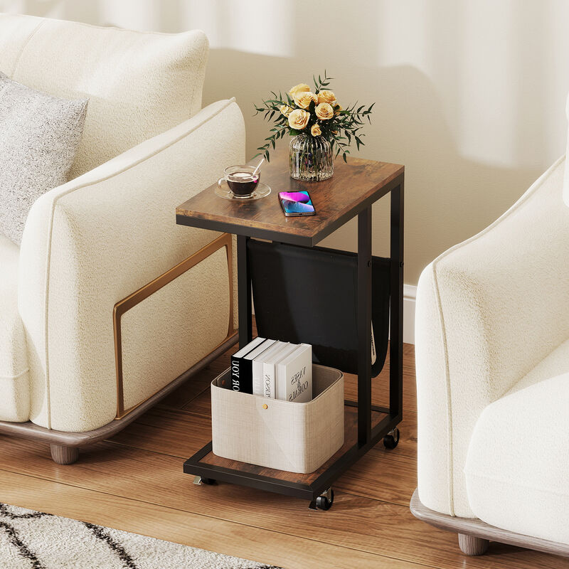 C-Shaped End Table with Metal Frame and Fabric Storage Pocket