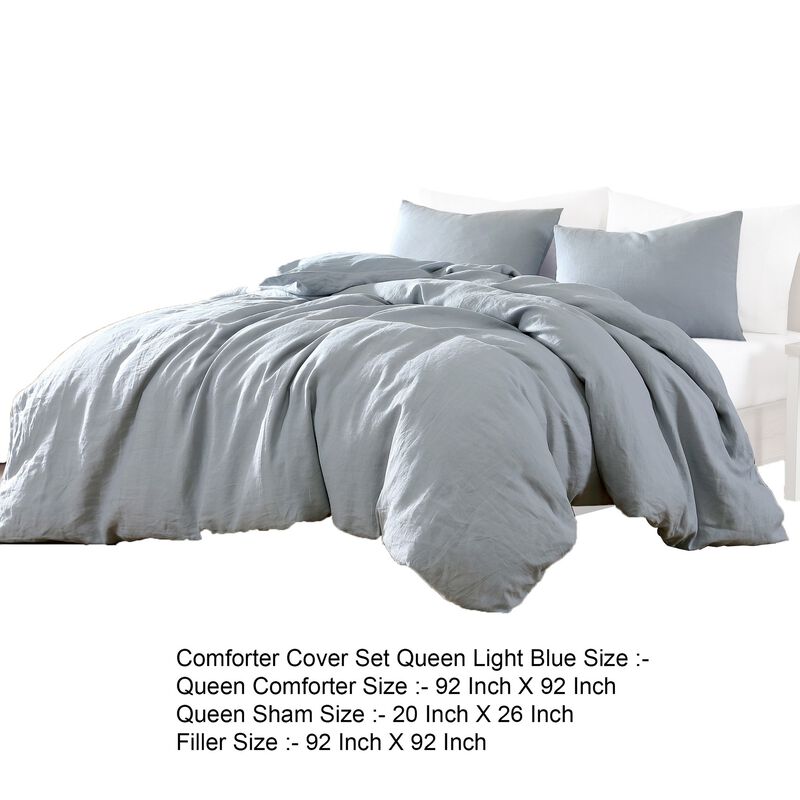 Edge 4 Piece Queen Size Duvet Comforter Set, Washed Linen, Light Blue - Benzara