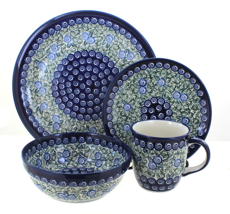 Blue Rose Polish Pottery Peacock 16 Piece Dinner Set