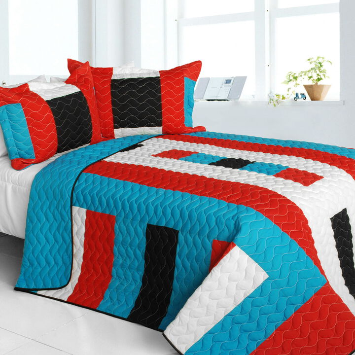 3 Piece Queen Size Patchwork Quilt Set with Quilted Stitching and Decorative Prints-Red