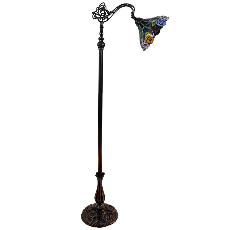 Hivvago 62" Brown Torchiere Floor Lamp With Blue and Yellow Flowers Glass Dome Shade