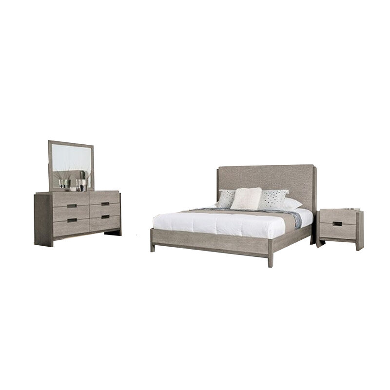 Rizvi 4pc Queen Bedroom Set, Beveled Mirror, Dresser, Gray Solid Wood - Benzara