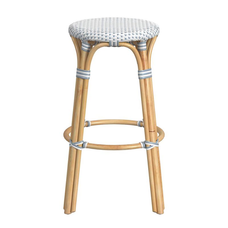 Butler Specialty Tobias Round Rattan 30 Bar Stool, White and Sky Blue Dot