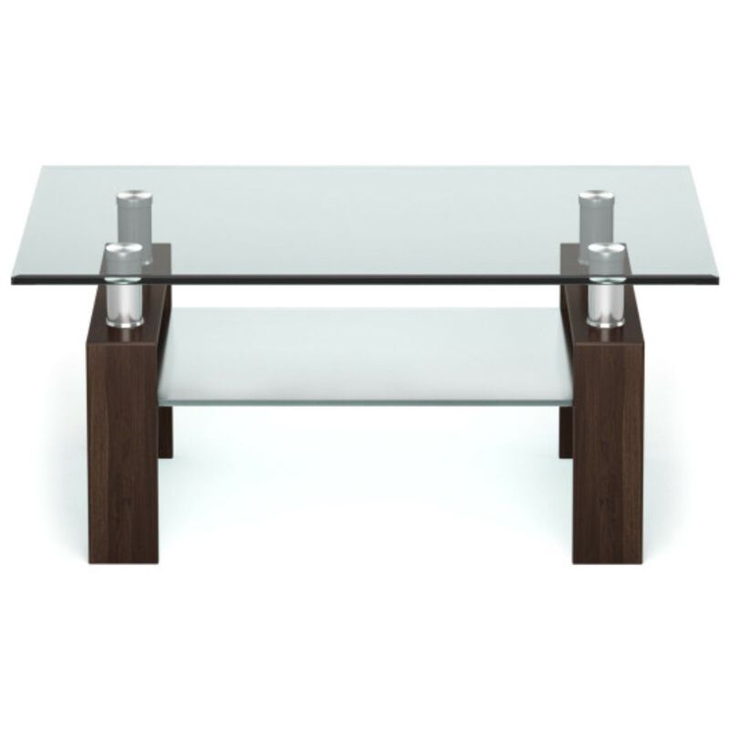 Rectangle Glass Coffee Table with Metal Legs for Living Room-Brown
