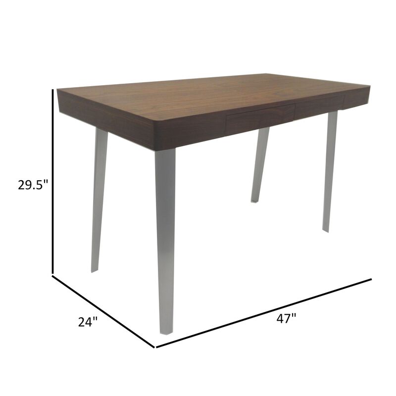 Hle 47 Inch Desk, Walnut Brown Wood Top, 2 Drawers, High Polished Steel - Benzara