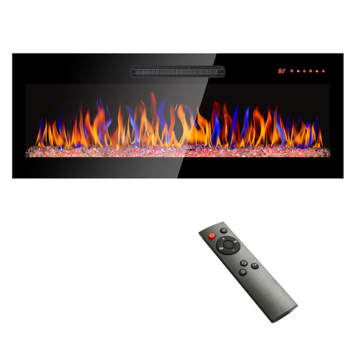 42 inch recessed ultra thin tempered glass front wall mounted electric fireplace with remote and multi color flame & emberbed, LED light heater