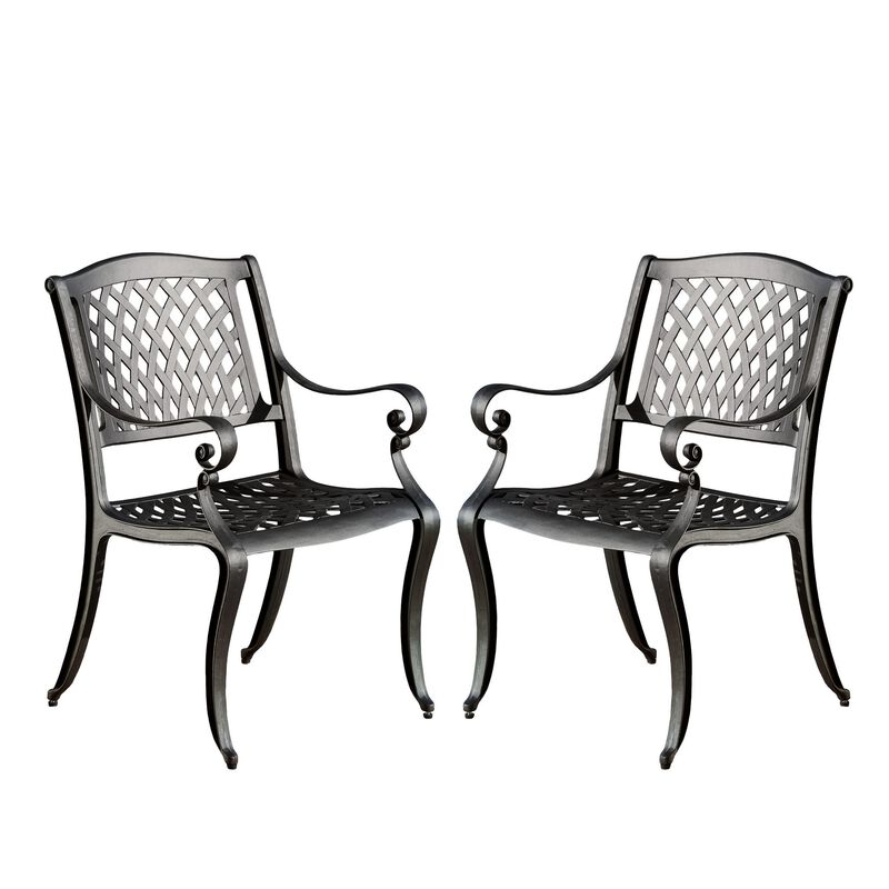 Cay Outdoor Dining Chair Set of 2, Mesh Style Back, Black Cast Aluminium - Benzara