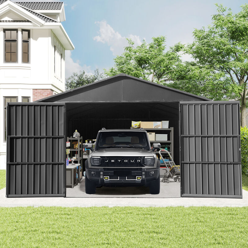Mondawe 12x15FT Outdoor Metal Garage Shed, Extra Large Metal Carport with Lockable Double Hinged Doors image number 2