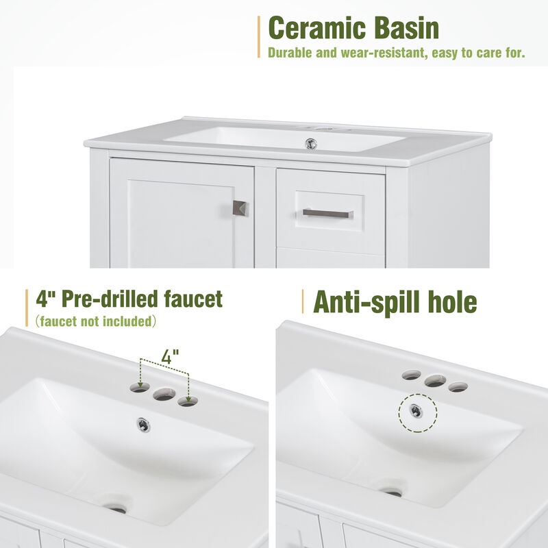 Whisen 30 in. Bathroom Storage Cabinet Bathroom Vanity with Ceramic Sink, Soft Close Door and 3 Drawers