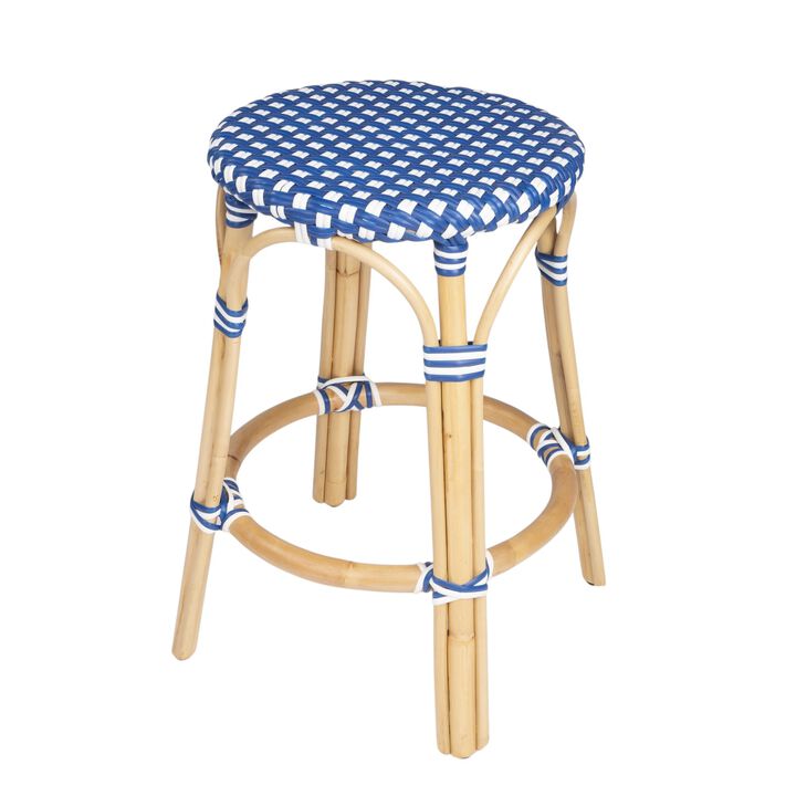 Hivvago 24 Inch Blue and White and Wood Brown Heavy Duty Rattan Backless Counter Height Bar Chair
