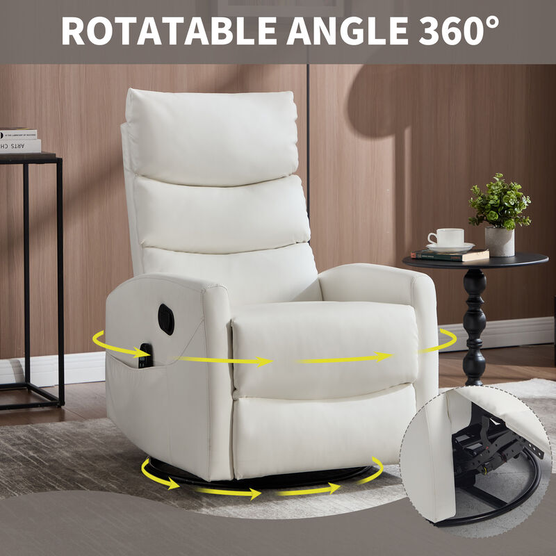 Heat Massage Manual Recliner Chair with Rocker and Swivel in Fabric for Living Room, White