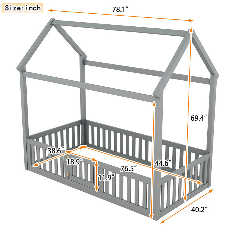 Merax Twin Size Wood House Bed with Fence and Door