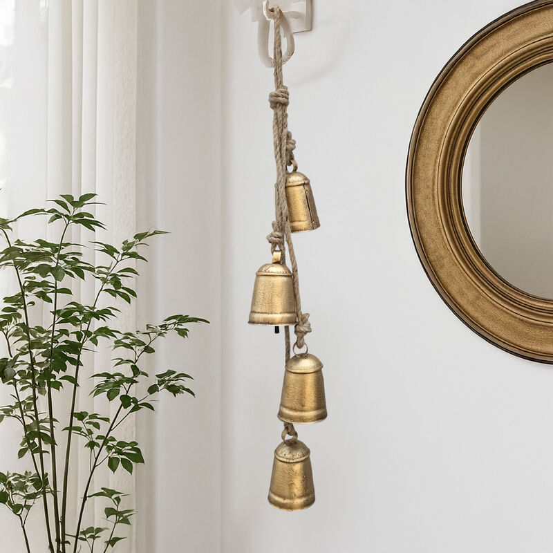 Zema Rustic Iron Hanging Bells Wall Decor, Cylindrical Cowbell on 28 Inch Jute Rope, Antique Gold